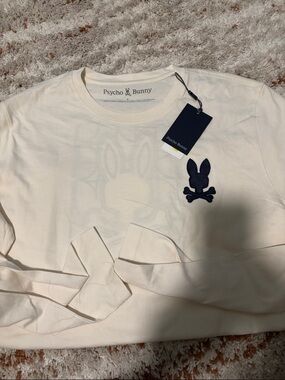 Psycho Bunny Mens Cream Long-Sleeve Tee with Navy Logo